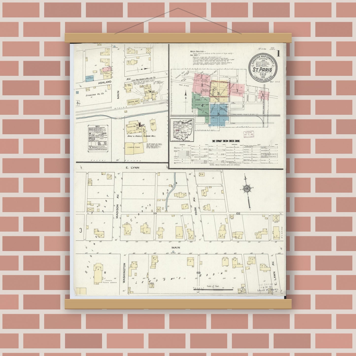 Old map wall art mockup — magnetic wood frame on brick wall — Sanborn Fire Insurance Map from Saint Paris, Champaign County, Ohio (1914), Sheet #0001