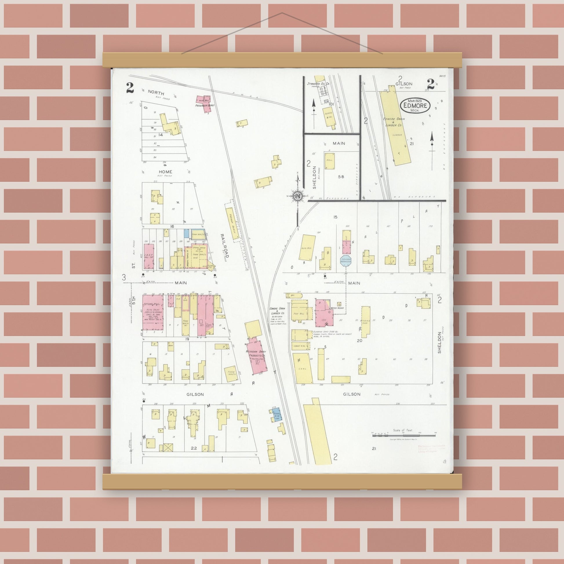 Old map wall art mockup — magnetic wood frame on brick wall — Sanborn Fire Insurance Map from Edmore, Montcalm County, Michigan (1929), Sheet #0002
