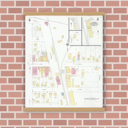 Old map wall art mockup — magnetic wood frame on brick wall — Sanborn Fire Insurance Map from Edmore, Montcalm County, Michigan (1929), Sheet #0002