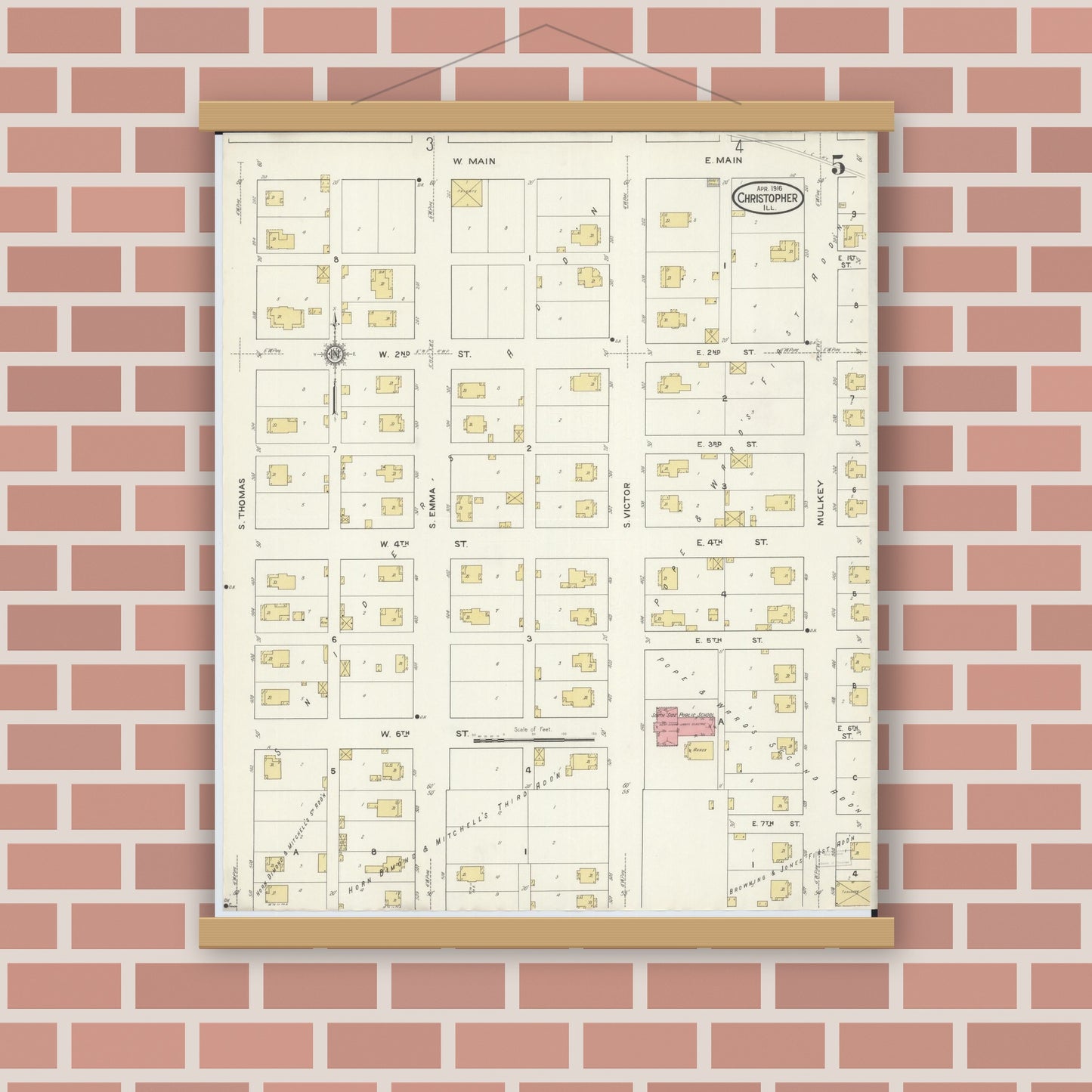 Old map wall art mockup — magnetic wood frame on brick wall — Sanborn Fire Insurance Map from Christopher, Franklin County, Illinois (1916), Sheet #0005