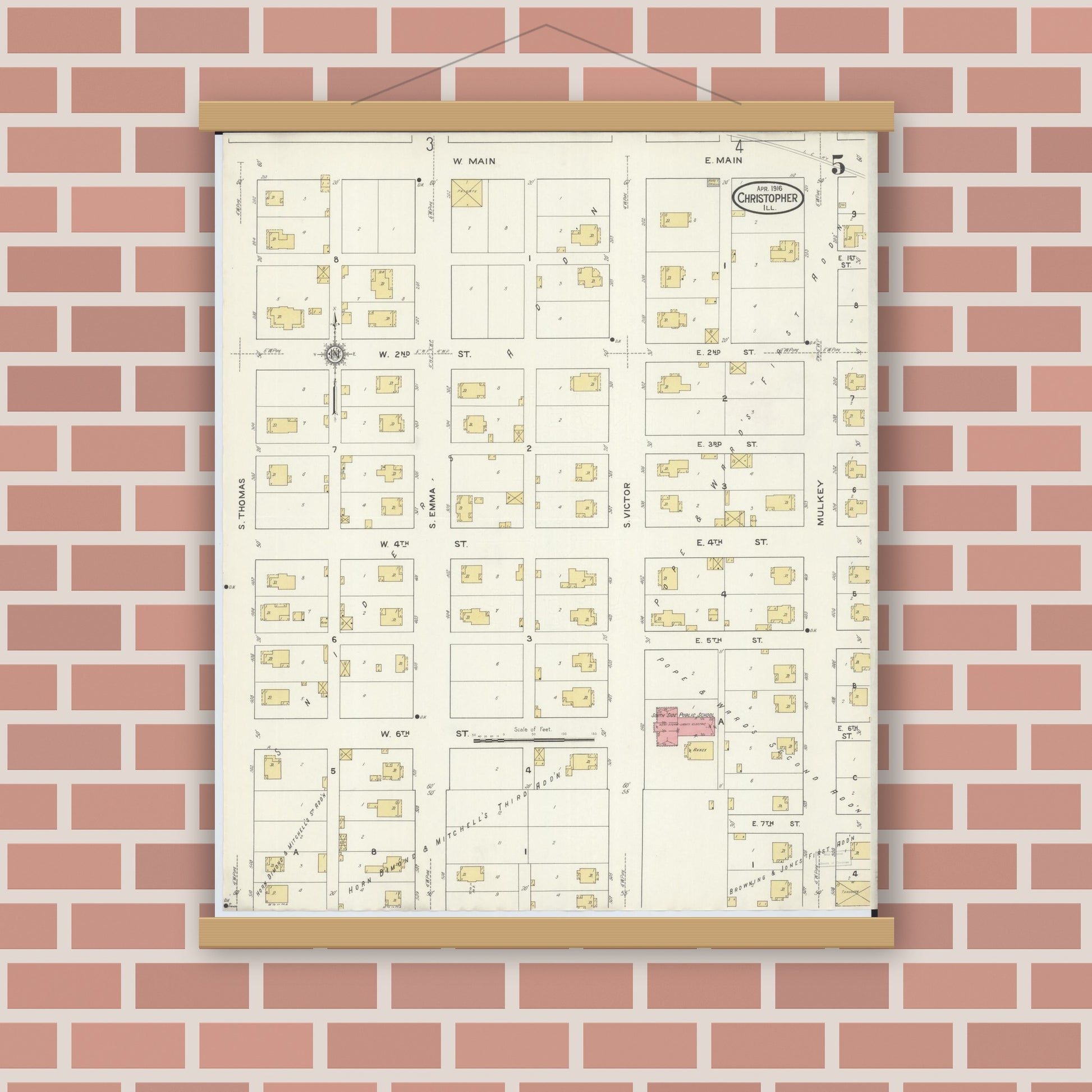 Old map wall art mockup — magnetic wood frame on brick wall — Sanborn Fire Insurance Map from Christopher, Franklin County, Illinois (1916), Sheet #0005