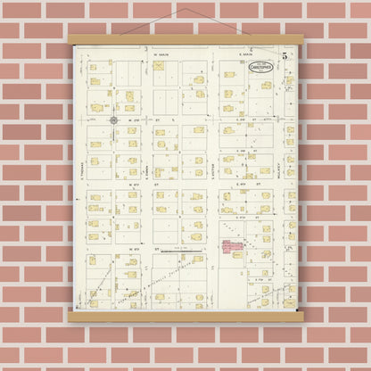 Old map wall art mockup — magnetic wood frame on brick wall — Sanborn Fire Insurance Map from Christopher, Franklin County, Illinois (1916), Sheet #0005