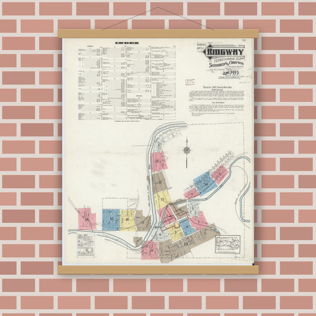 Old map wall art mockup — magnetic wood frame on brick wall — Sanborn Fire Insurance Map from Ridgway, Elk County, Pennsylvania (1915) - Complete Map Set