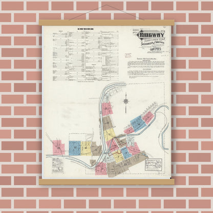 Old map wall art mockup — magnetic wood frame on brick wall — Sanborn Fire Insurance Map from Ridgway, Elk County, Pennsylvania (1915) - Complete Map Set