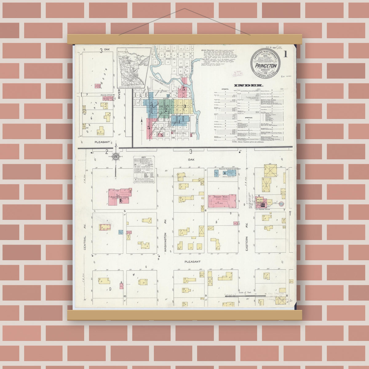 Old map wall art mockup — magnetic wood frame on brick wall — Sanborn Fire Insurance Map from Princeton, Mille Lacs County, Minnesota (1912), Sheet #0001