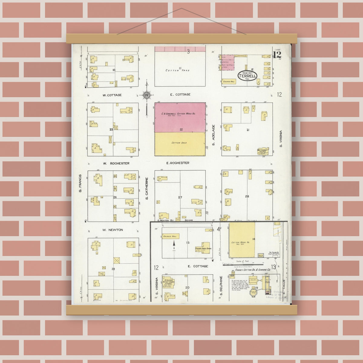 Old map wall art mockup — magnetic wood frame on brick wall — Sanborn Fire Insurance Map from Terrell, Kaufman County, Texas (1921), Sheet #0012