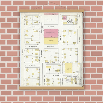 Old map wall art mockup — magnetic wood frame on brick wall — Sanborn Fire Insurance Map from Terrell, Kaufman County, Texas (1921), Sheet #0012