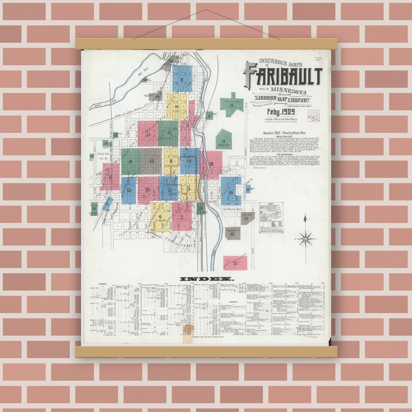 Old map wall art mockup — magnetic wood frame on brick wall — Sanborn Fire Insurance Map from Faribault, Rice County, Minnesota (1909) - Complete Map Set