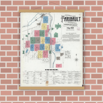 Old map wall art mockup — magnetic wood frame on brick wall — Sanborn Fire Insurance Map from Faribault, Rice County, Minnesota (1909) - Complete Map Set