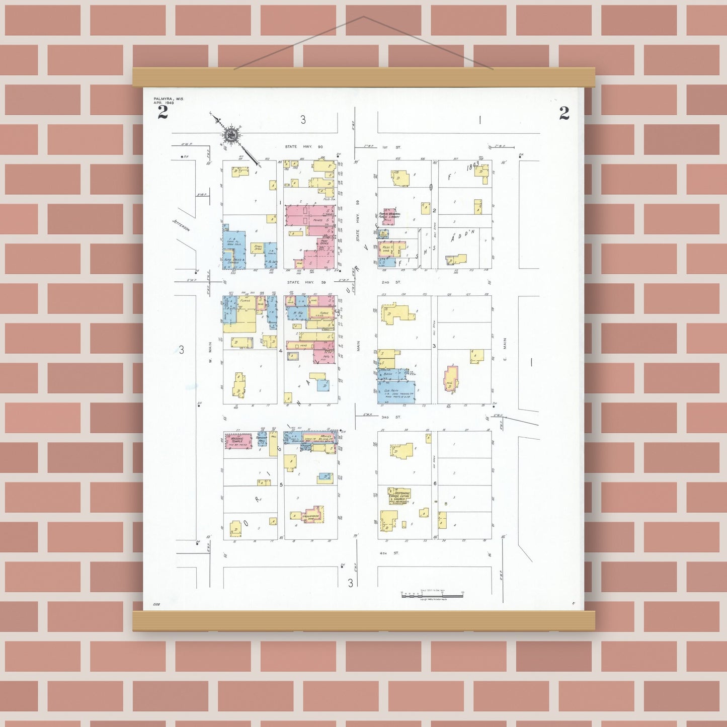 Old map wall art mockup — magnetic wood frame on brick wall — Sanborn Fire Insurance Map from Palmyra, Jefferson County, Wisconsin (1949), Sheet #0002