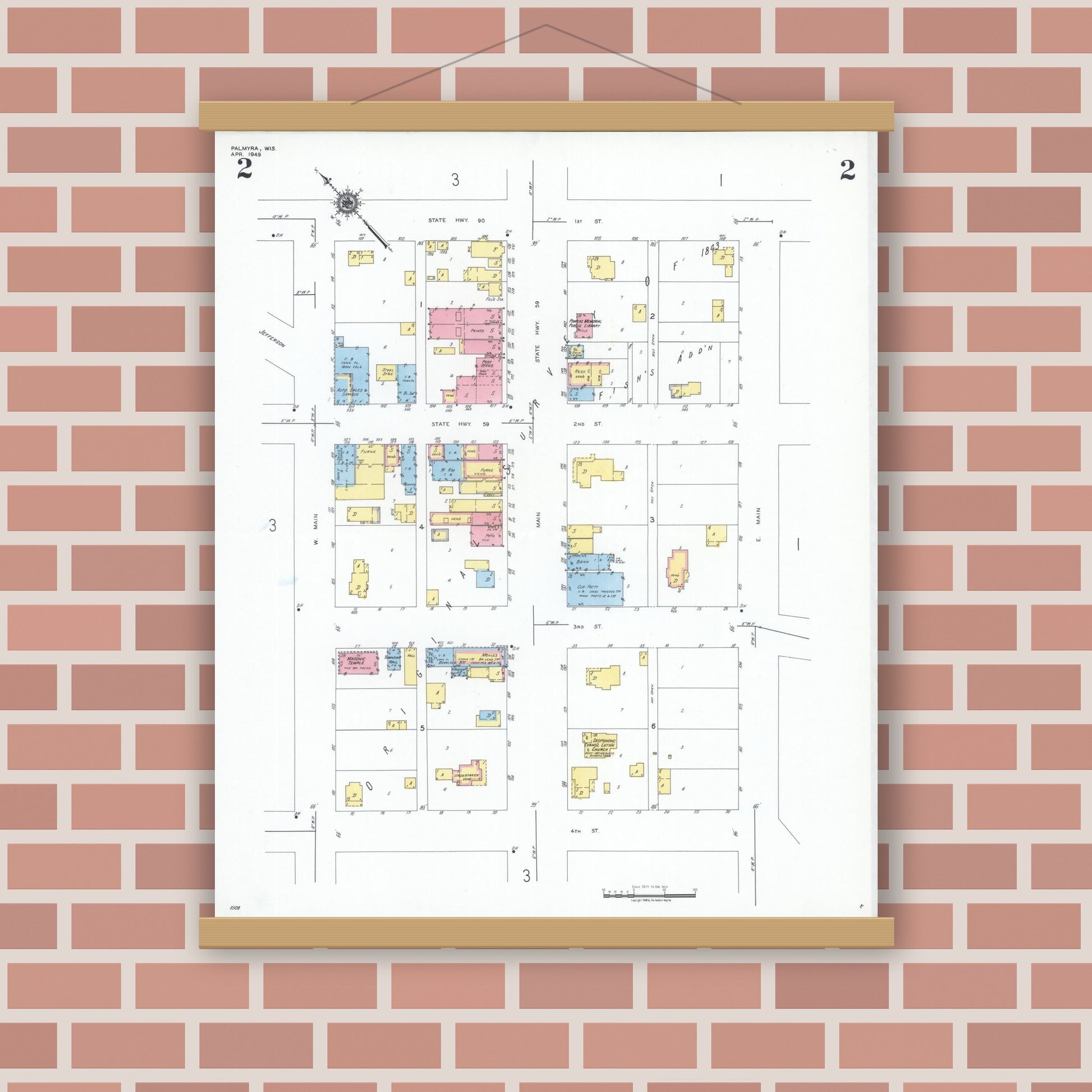 Old map wall art mockup — magnetic wood frame on brick wall — Sanborn Fire Insurance Map from Palmyra, Jefferson County, Wisconsin (1949), Sheet #0002