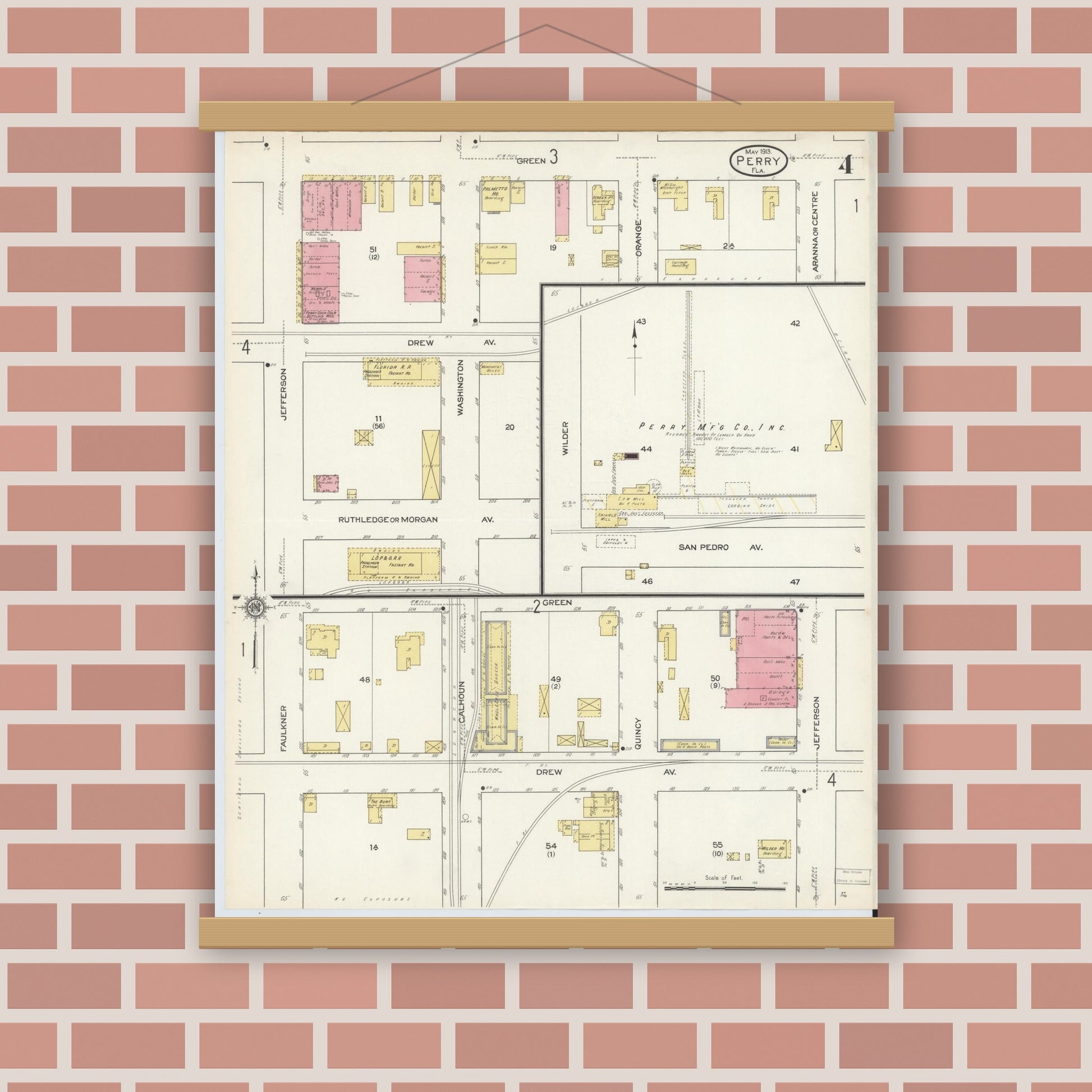Old map wall art mockup — magnetic wood frame on brick wall — Sanborn Fire Insurance Map from Perry, Taylor County, Florida (1913), Sheet #0004