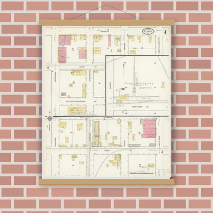 Old map wall art mockup — magnetic wood frame on brick wall — Sanborn Fire Insurance Map from Perry, Taylor County, Florida (1913), Sheet #0004