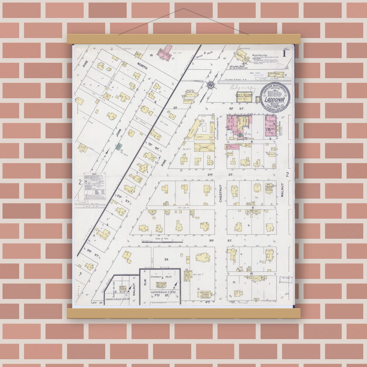 Old map wall art mockup — magnetic wood frame on brick wall — Sanborn Fire Insurance Map from Laddonia, Audrain County, Missouri (1909) - Complete Map Set