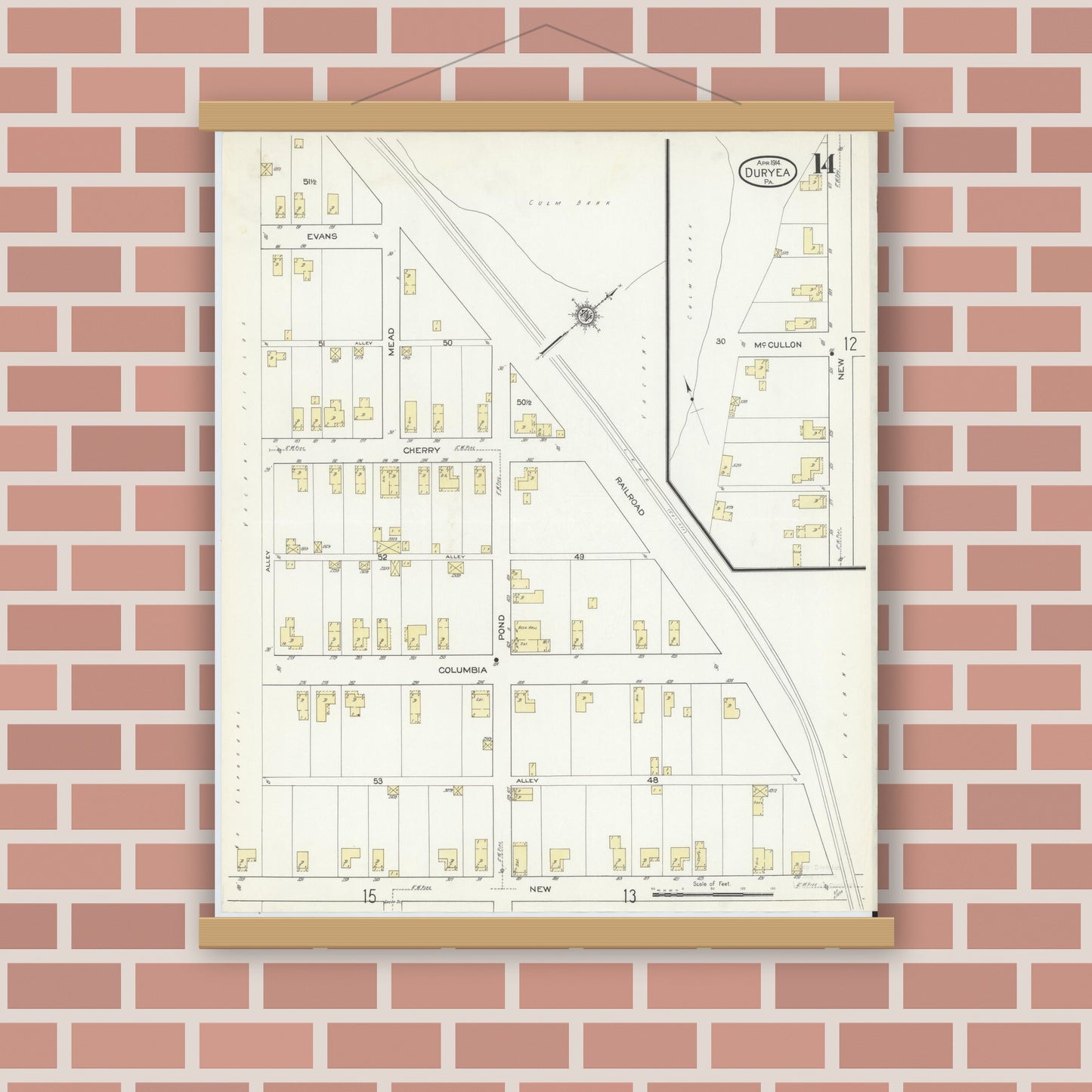 Old map wall art mockup — magnetic wood frame on brick wall — Sanborn Fire Insurance Map from Duryea, Luzerne County, Pennsylvania (1914), Sheet #0014