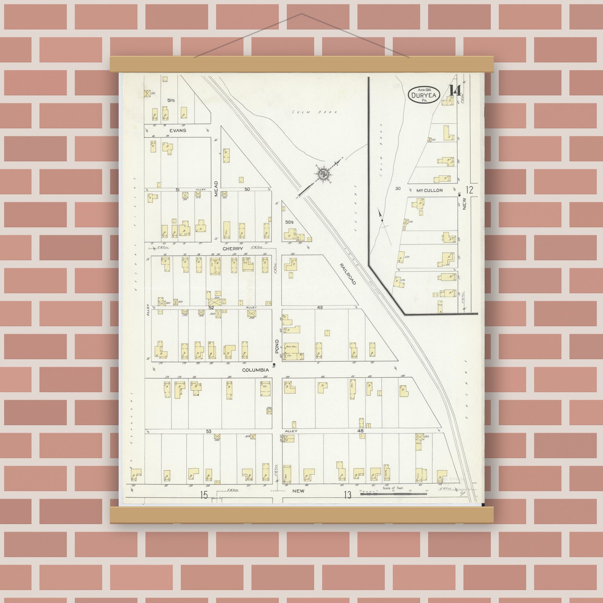Old map wall art mockup — magnetic wood frame on brick wall — Sanborn Fire Insurance Map from Duryea, Luzerne County, Pennsylvania (1914), Sheet #0014