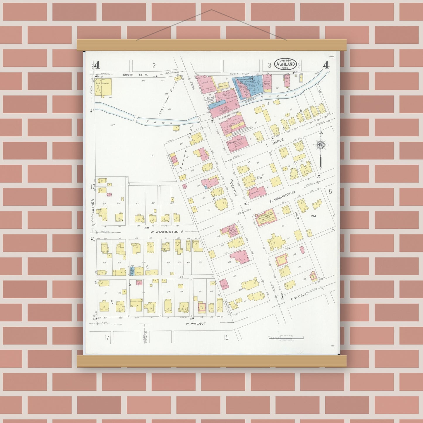 Old map wall art mockup — magnetic wood frame on brick wall — Sanborn Fire Insurance Map from Ashland, Ashland County, Ohio (1930), Sheet #0004