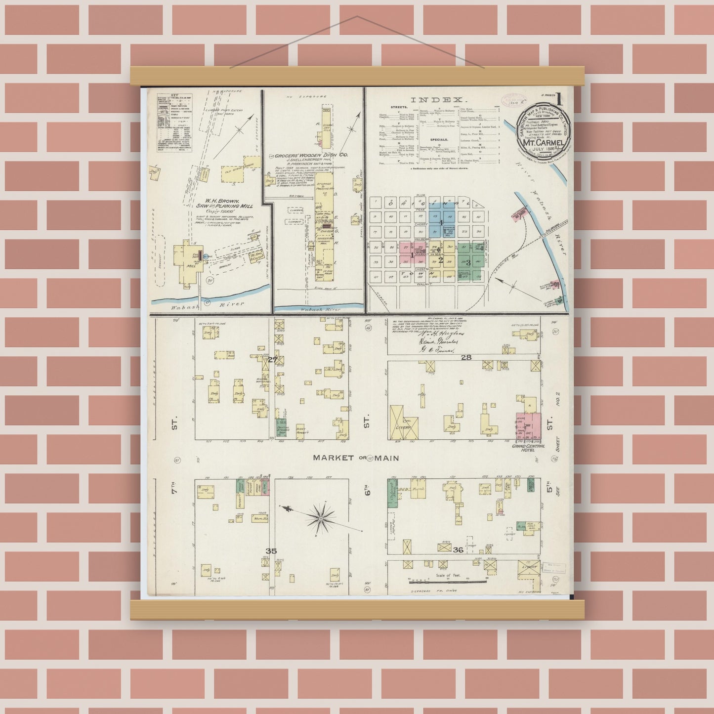 Old map wall art mockup — magnetic wood frame on brick wall — Sanborn Fire Insurance Map from Mount Carmel, Wabash County, Illinois (1886) - Complete Map Set