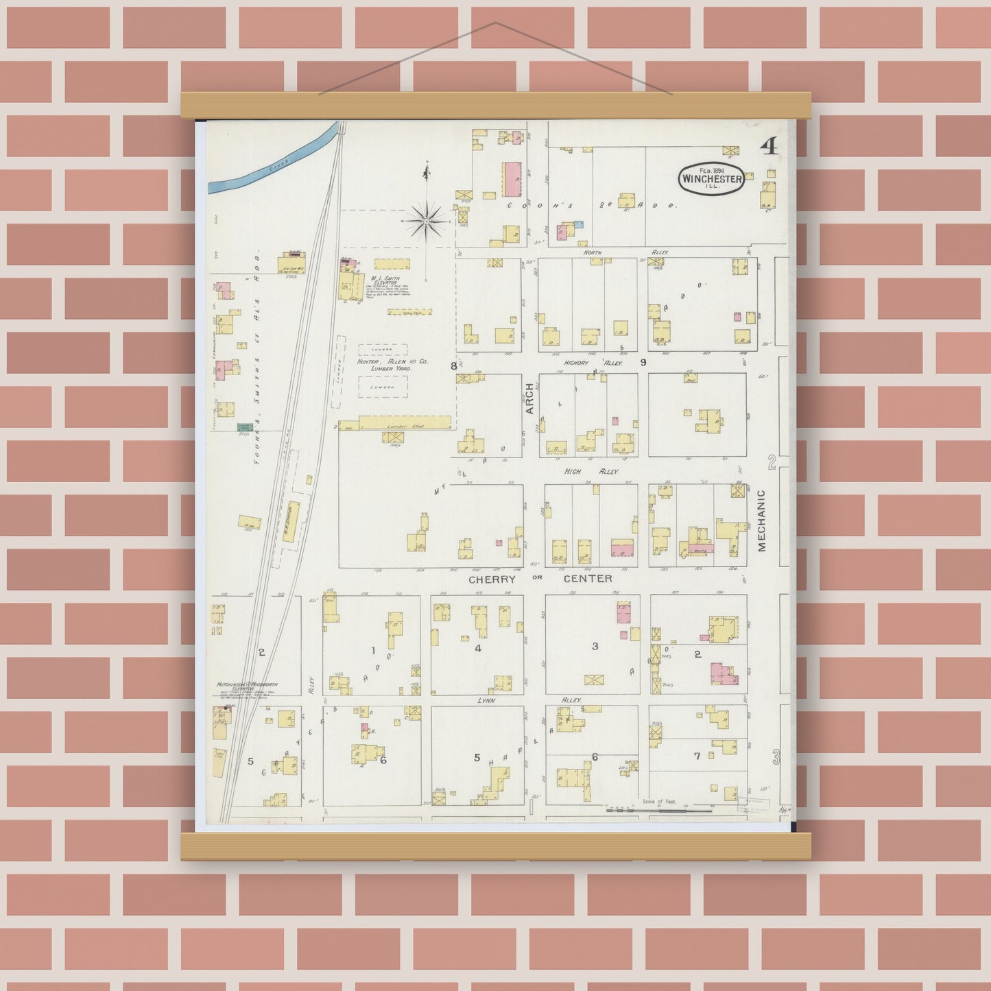 Old map wall art mockup — magnetic wood frame on brick wall — Sanborn Fire Insurance Map from Winchester, Scott County, Illinois (1894), Sheet #0004