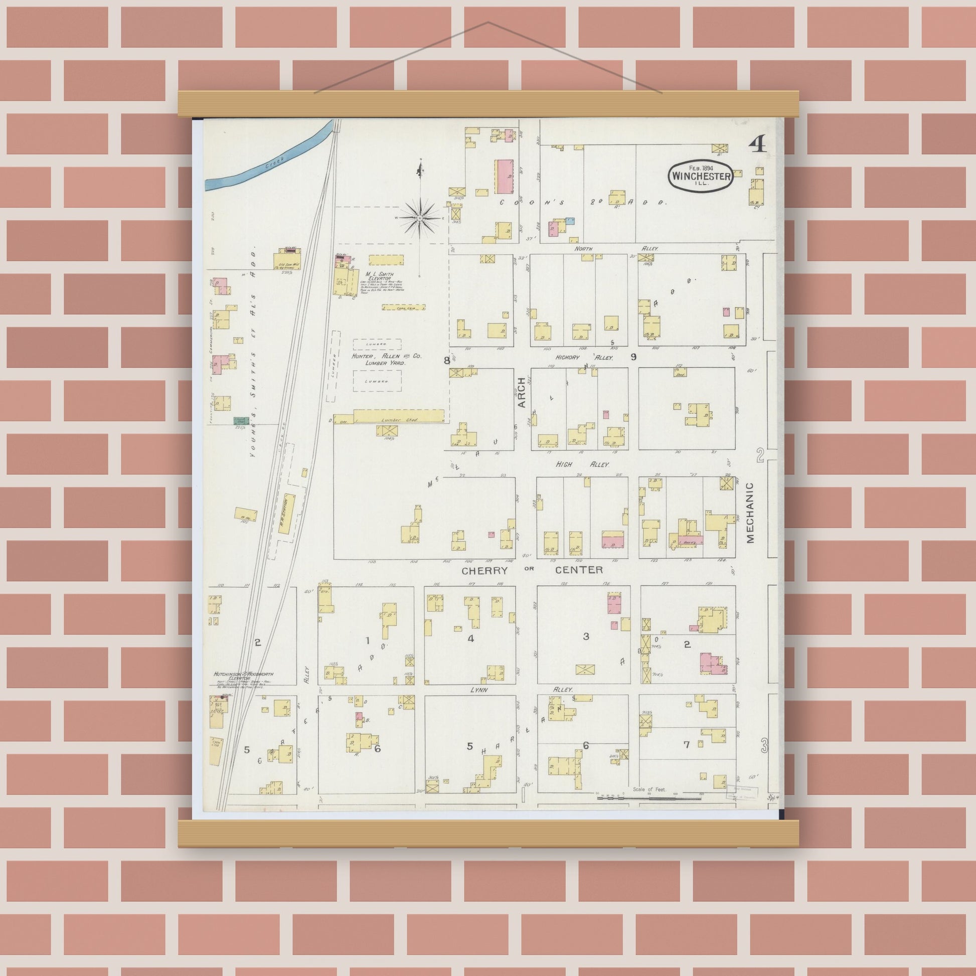 Old map wall art mockup — magnetic wood frame on brick wall — Sanborn Fire Insurance Map from Winchester, Scott County, Illinois (1894), Sheet #0004