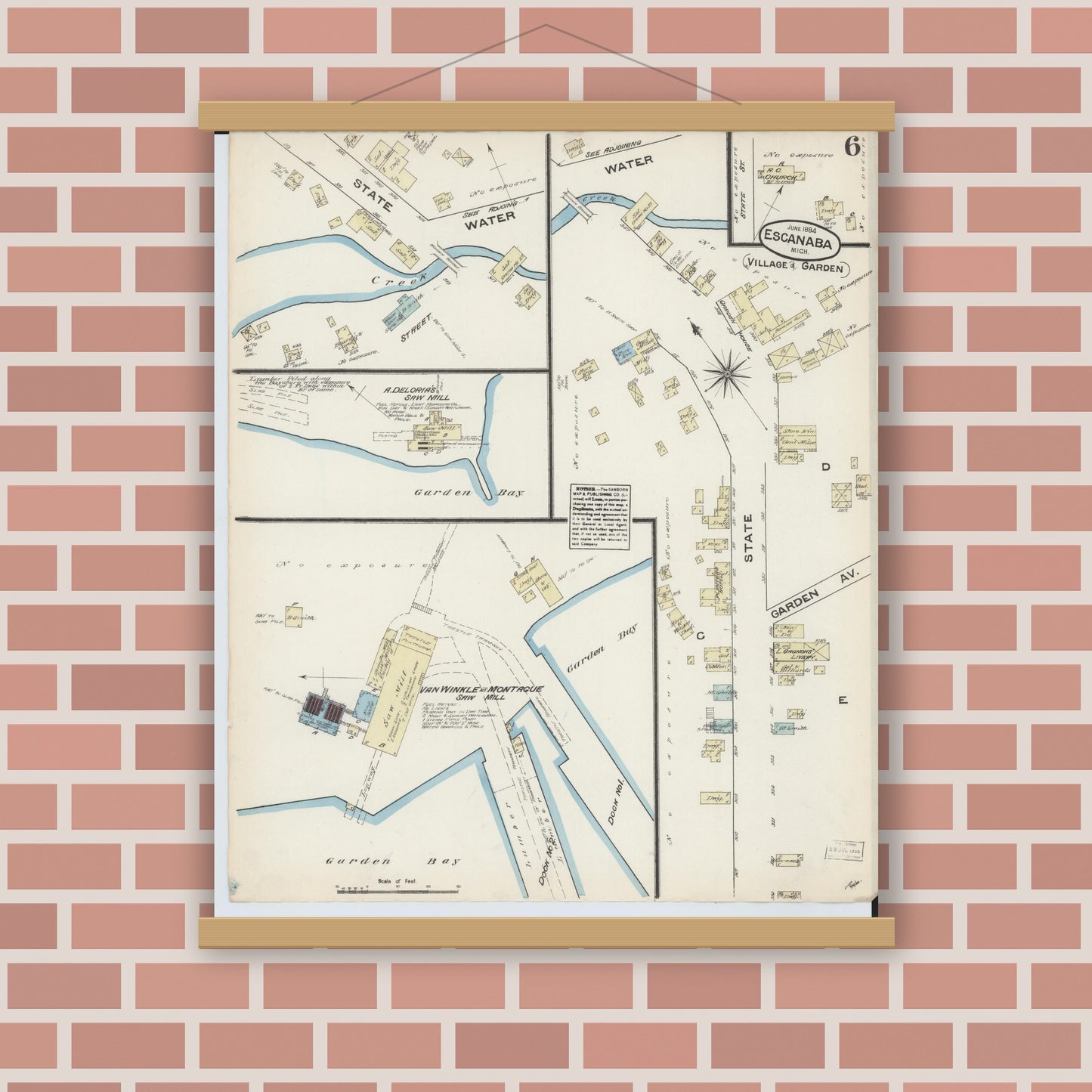 Old map wall art mockup — magnetic wood frame on brick wall — Sanborn Fire Insurance Map from Escanaba, Delta County, Michigan (1884), Sheet #0006