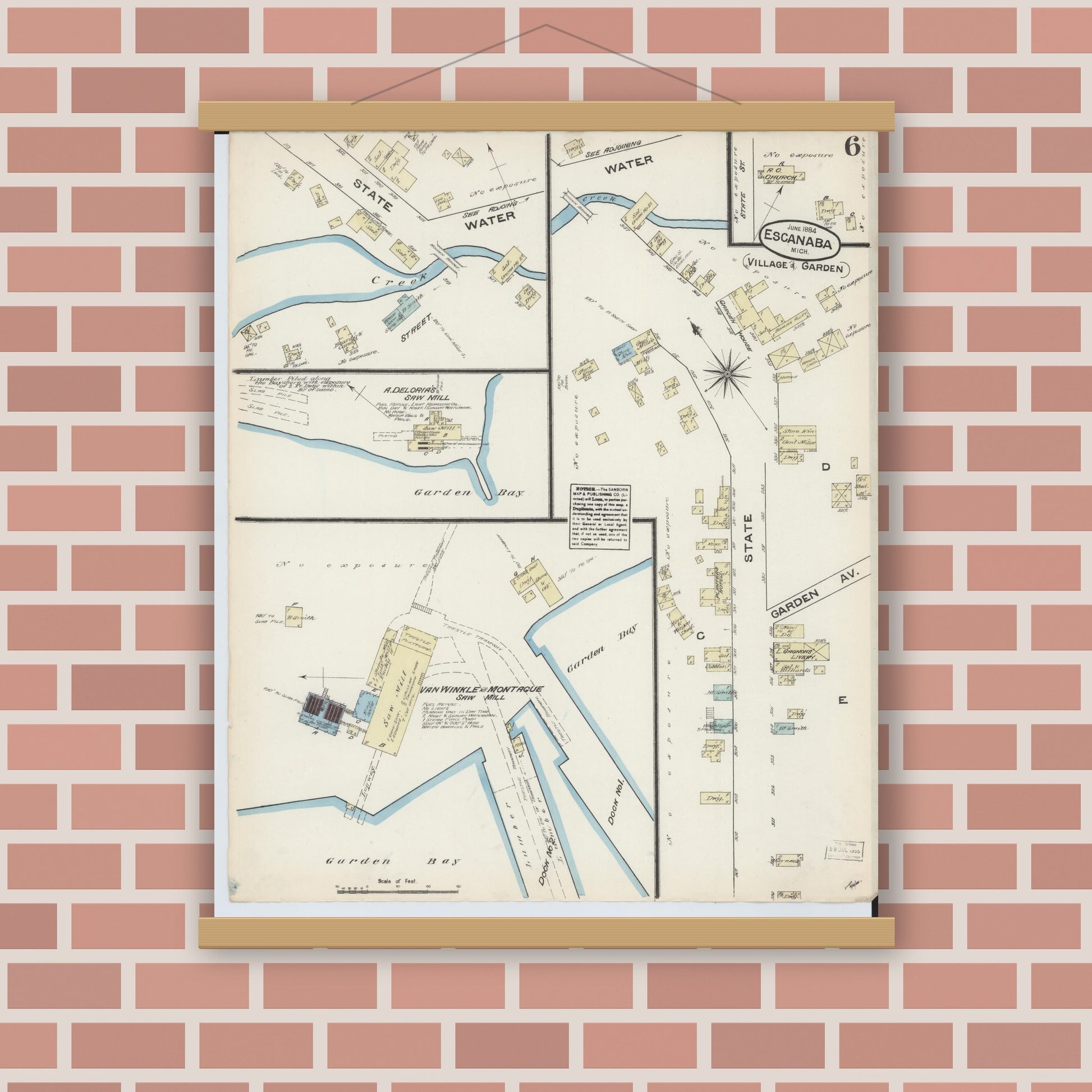 Old map wall art mockup — magnetic wood frame on brick wall — Sanborn Fire Insurance Map from Escanaba, Delta County, Michigan (1884), Sheet #0006