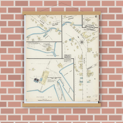 Old map wall art mockup — magnetic wood frame on brick wall — Sanborn Fire Insurance Map from Escanaba, Delta County, Michigan (1884), Sheet #0006