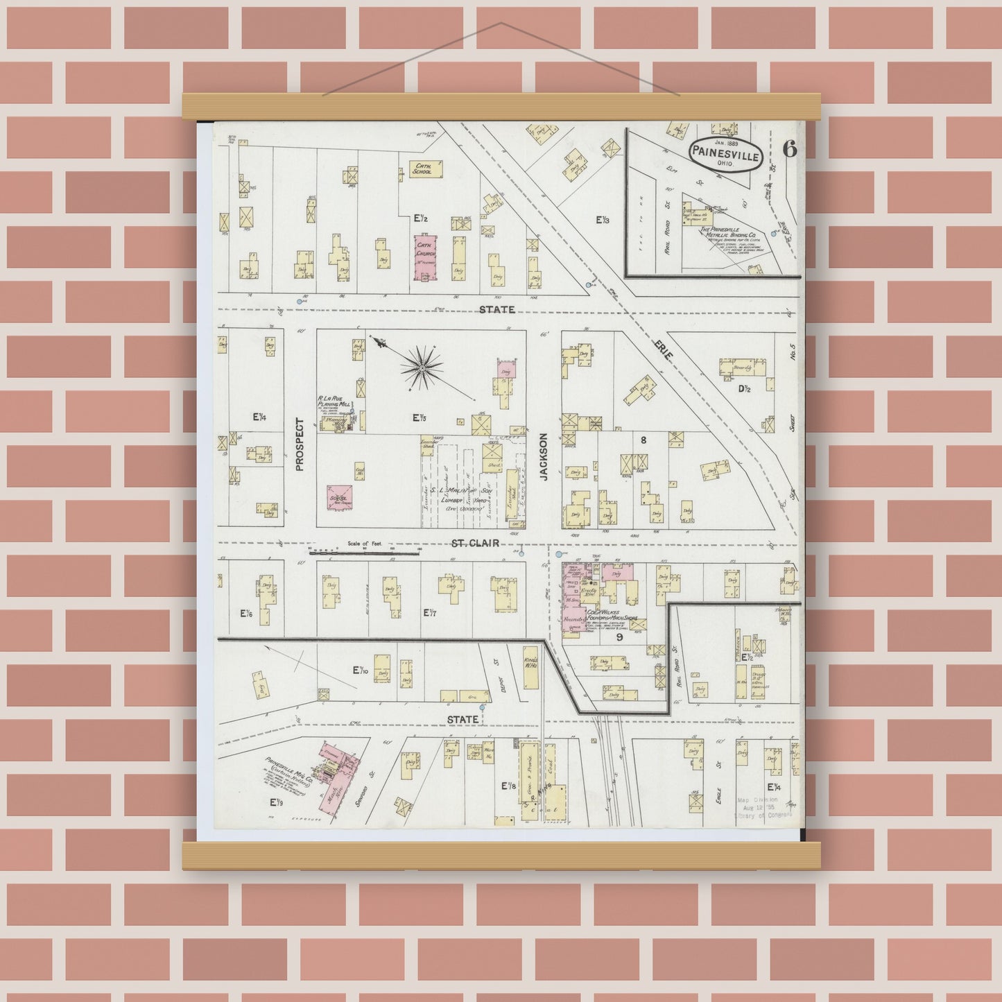 Old map wall art mockup — magnetic wood frame on brick wall — Sanborn Fire Insurance Map from Painesville, Lake County, Ohio (1889), Sheet #0006