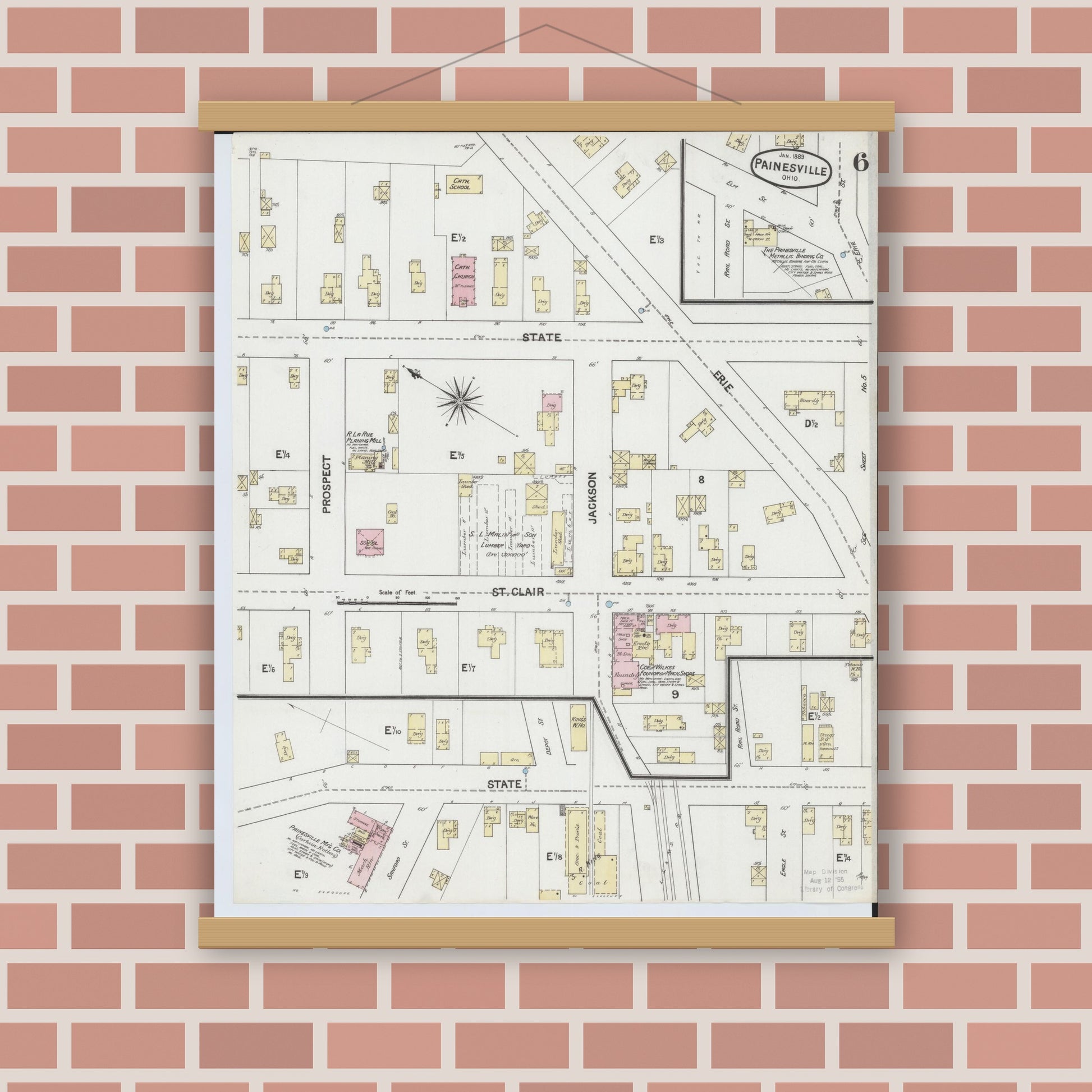 Old map wall art mockup — magnetic wood frame on brick wall — Sanborn Fire Insurance Map from Painesville, Lake County, Ohio (1889), Sheet #0006
