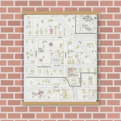 Old map wall art mockup — magnetic wood frame on brick wall — Sanborn Fire Insurance Map from Painesville, Lake County, Ohio (1889), Sheet #0006