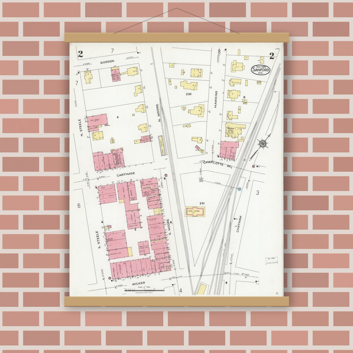 Old map wall art mockup — magnetic wood frame on brick wall — Sanborn Fire Insurance Map from Sanford, Lee County, North Carolina (1925), Sheet #0002