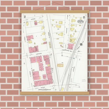 Old map wall art mockup — magnetic wood frame on brick wall — Sanborn Fire Insurance Map from Sanford, Lee County, North Carolina (1925), Sheet #0002