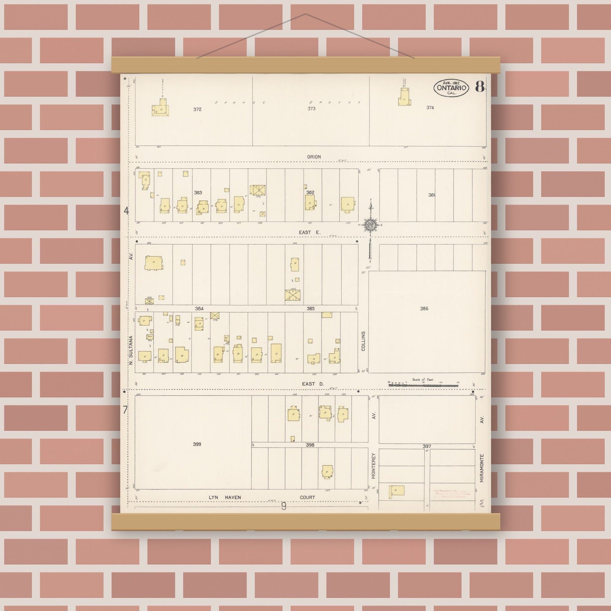 Old map wall art mockup — magnetic wood frame on brick wall — Sanborn Fire Insurance Map from Ontario, San Bernardino County, California (1912), Sheet #0008