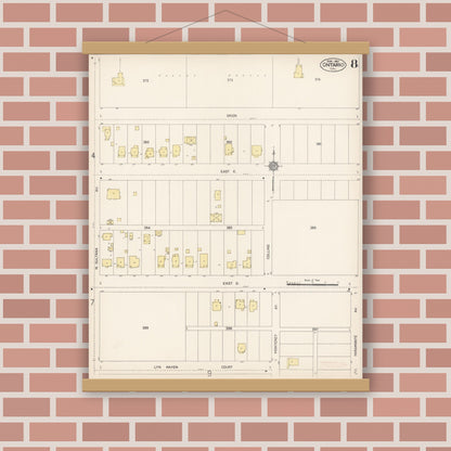 Old map wall art mockup — magnetic wood frame on brick wall — Sanborn Fire Insurance Map from Ontario, San Bernardino County, California (1912), Sheet #0008