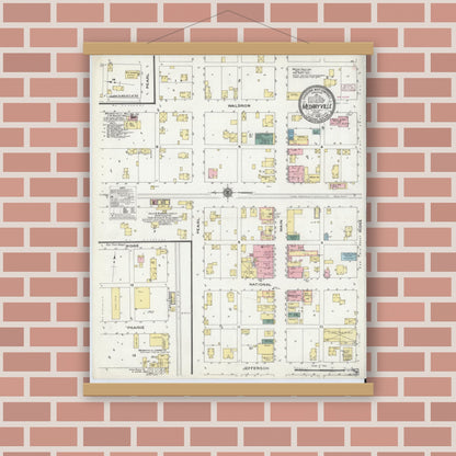 Old map wall art mockup — magnetic wood frame on brick wall — Sanborn Fire Insurance Map from Medaryville, Pulaski County, Indiana (1909), Sheet #0001