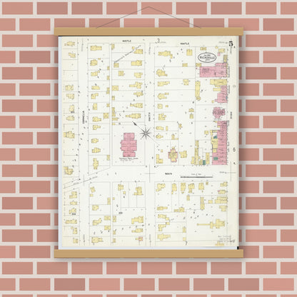 Old map wall art mockup — magnetic wood frame on brick wall — Sanborn Fire Insurance Map from Hicksville, Defiance County, Ohio (1908), Sheet #0005