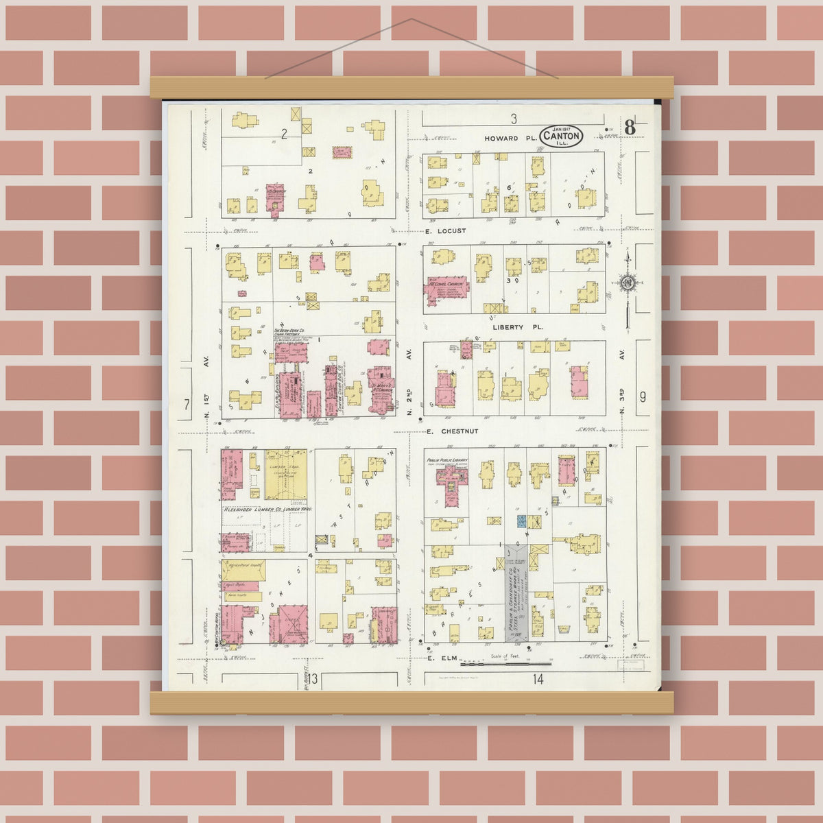 Old map wall art mockup — magnetic wood frame on brick wall — Sanborn Fire Insurance Map from Canton, Fulton County, Illinois (1917), Sheet #0008