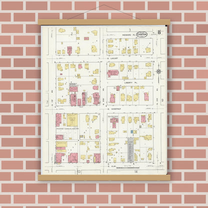 Old map wall art mockup — magnetic wood frame on brick wall — Sanborn Fire Insurance Map from Canton, Fulton County, Illinois (1917), Sheet #0008