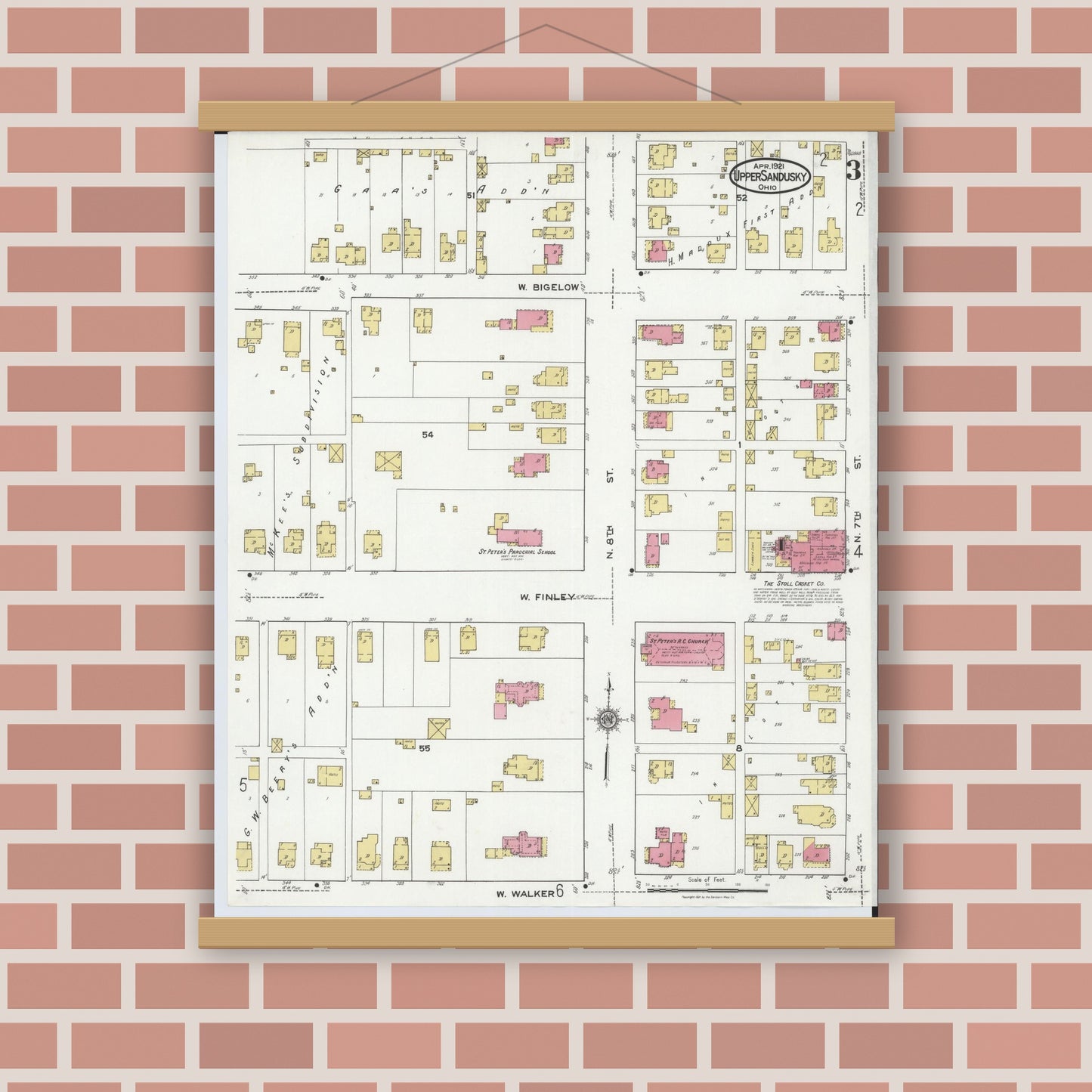 Old map wall art mockup — magnetic wood frame on brick wall — Sanborn Fire Insurance Map from Upper Sandusky, Wyandot County, Ohio (1921), Sheet #0003