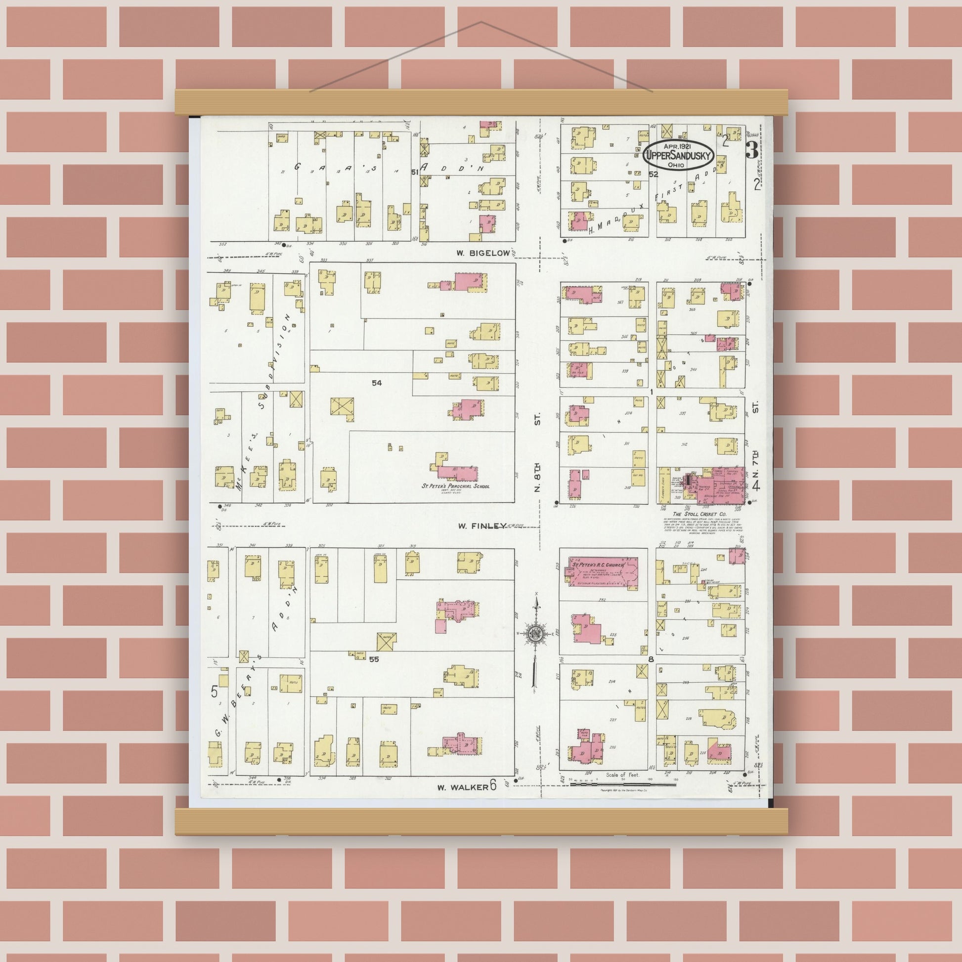 Old map wall art mockup — magnetic wood frame on brick wall — Sanborn Fire Insurance Map from Upper Sandusky, Wyandot County, Ohio (1921), Sheet #0003