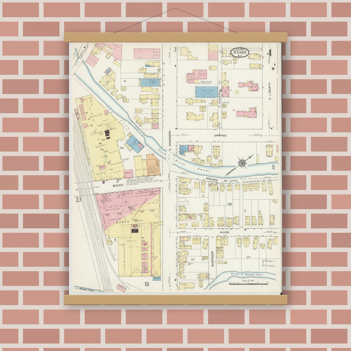 Old map wall art mockup — magnetic wood frame on brick wall — Sanborn Fire Insurance Map from Rome, Oneida County, New York (1914), Sheet #0004