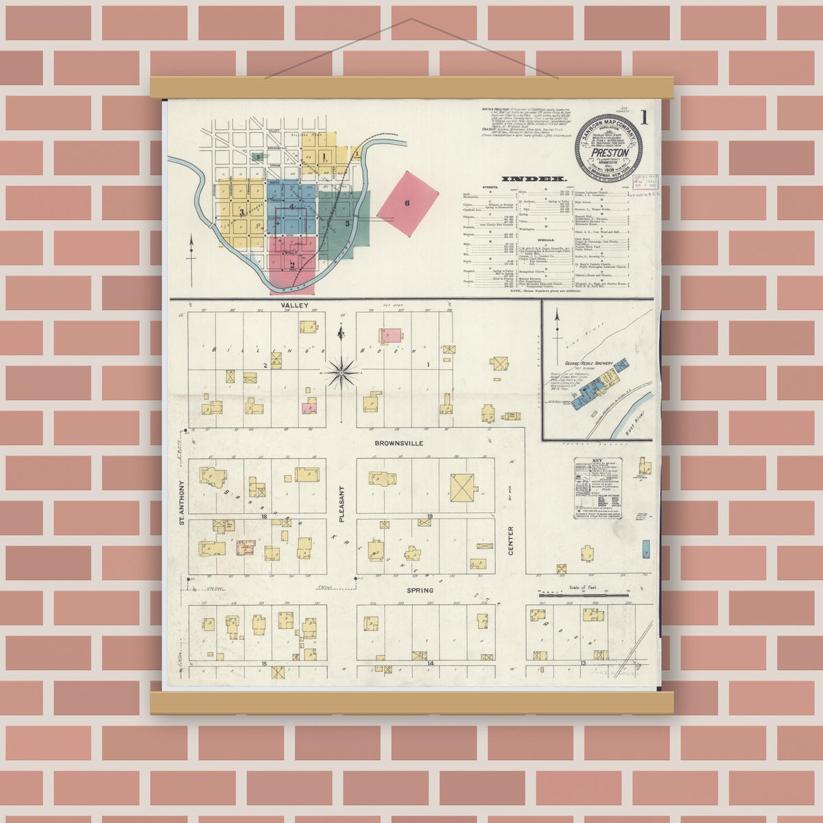 Old map wall art mockup — magnetic wood frame on brick wall — Sanborn Fire Insurance Map from Preston, Fillmore County, Minnesota (1909) - Complete Map Set