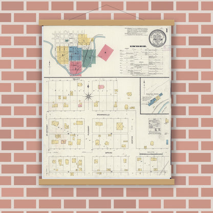 Old map wall art mockup — magnetic wood frame on brick wall — Sanborn Fire Insurance Map from Preston, Fillmore County, Minnesota (1909) - Complete Map Set