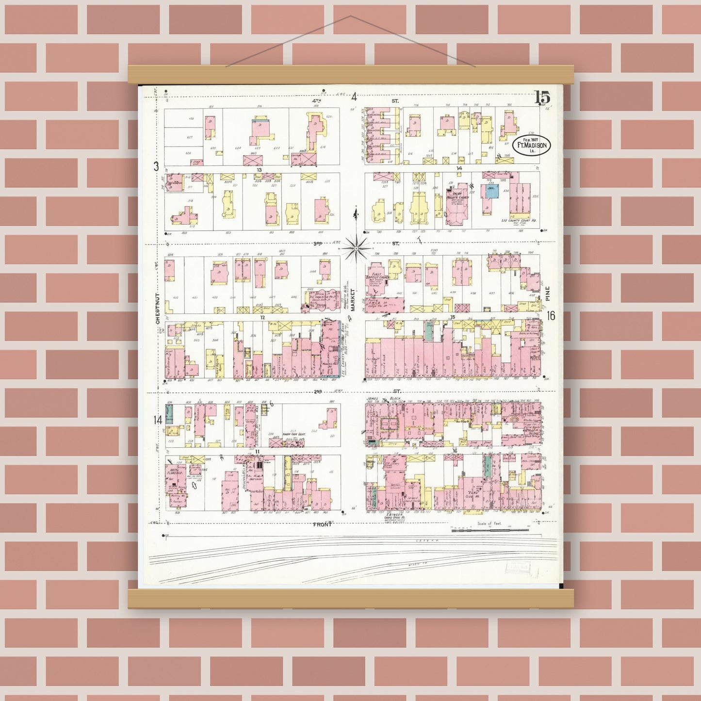 Old map wall art mockup — magnetic wood frame on brick wall — Sanborn Fire Insurance Map from Fort Madison, Lee County, Iowa (1907), Sheet #0015