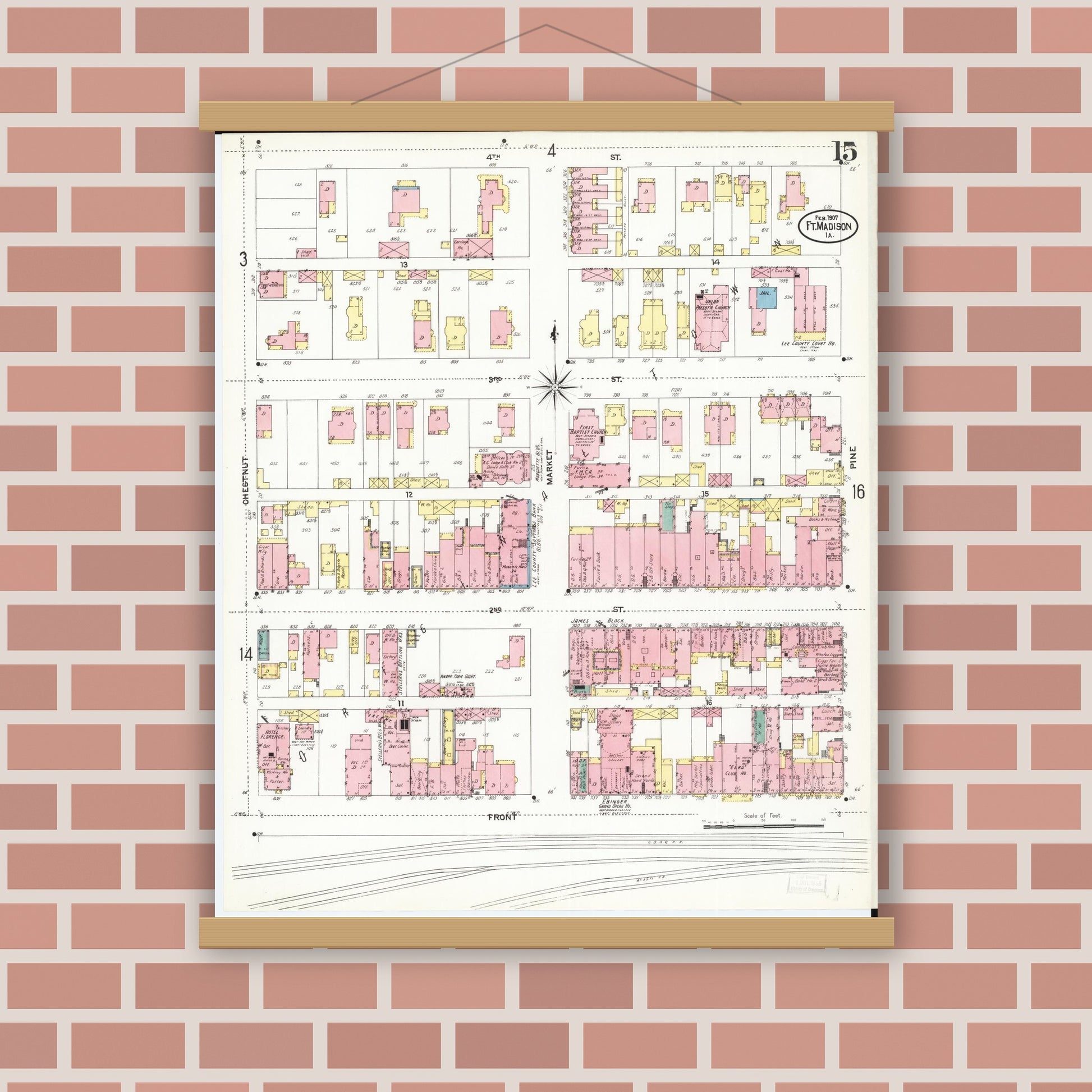 Old map wall art mockup — magnetic wood frame on brick wall — Sanborn Fire Insurance Map from Fort Madison, Lee County, Iowa (1907), Sheet #0015