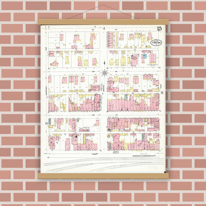 Old map wall art mockup — magnetic wood frame on brick wall — Sanborn Fire Insurance Map from Fort Madison, Lee County, Iowa (1907), Sheet #0015