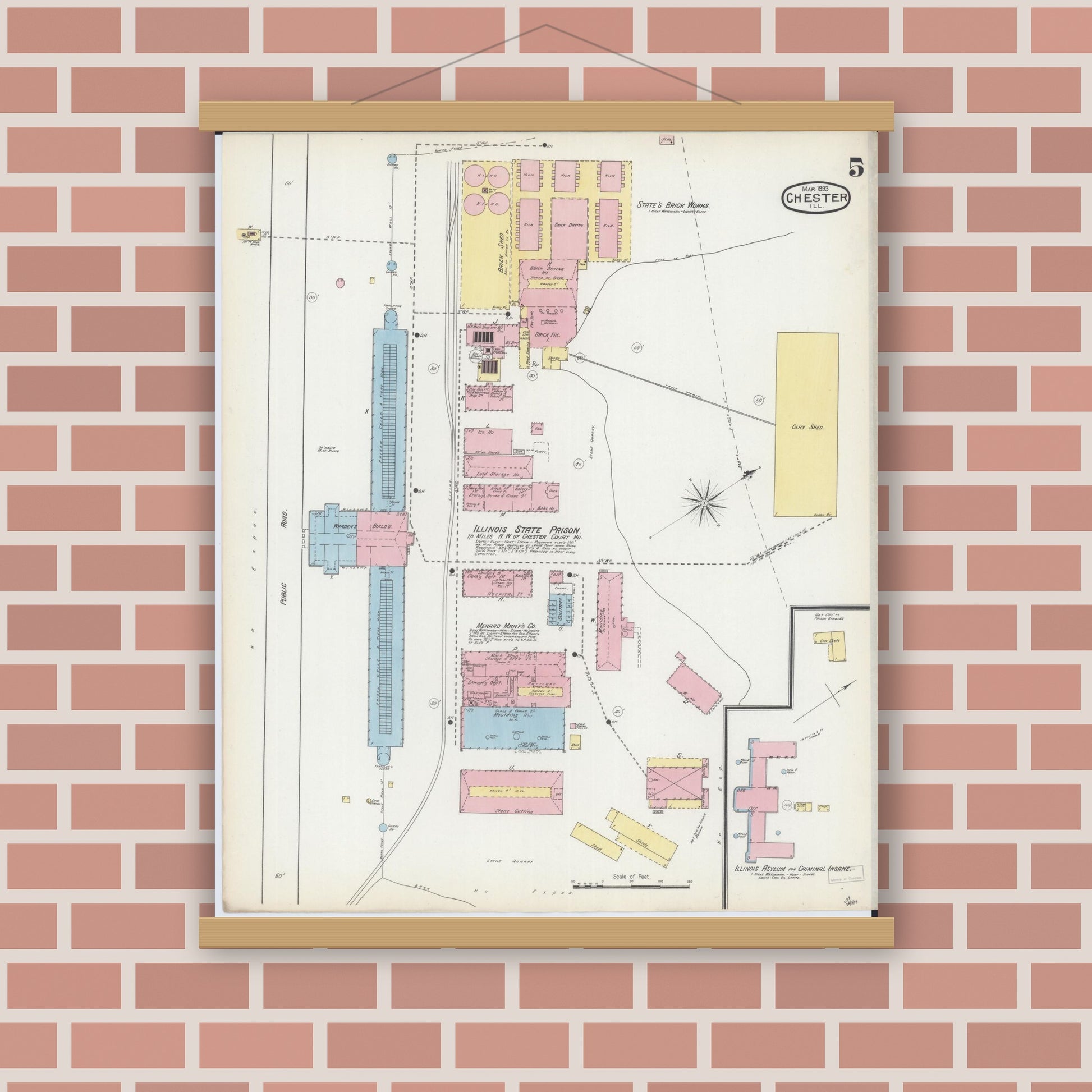 Old map wall art mockup — magnetic wood frame on brick wall — Sanborn Fire Insurance Map from Chester, Randolph County, Illinois (1886), Sheet #0005