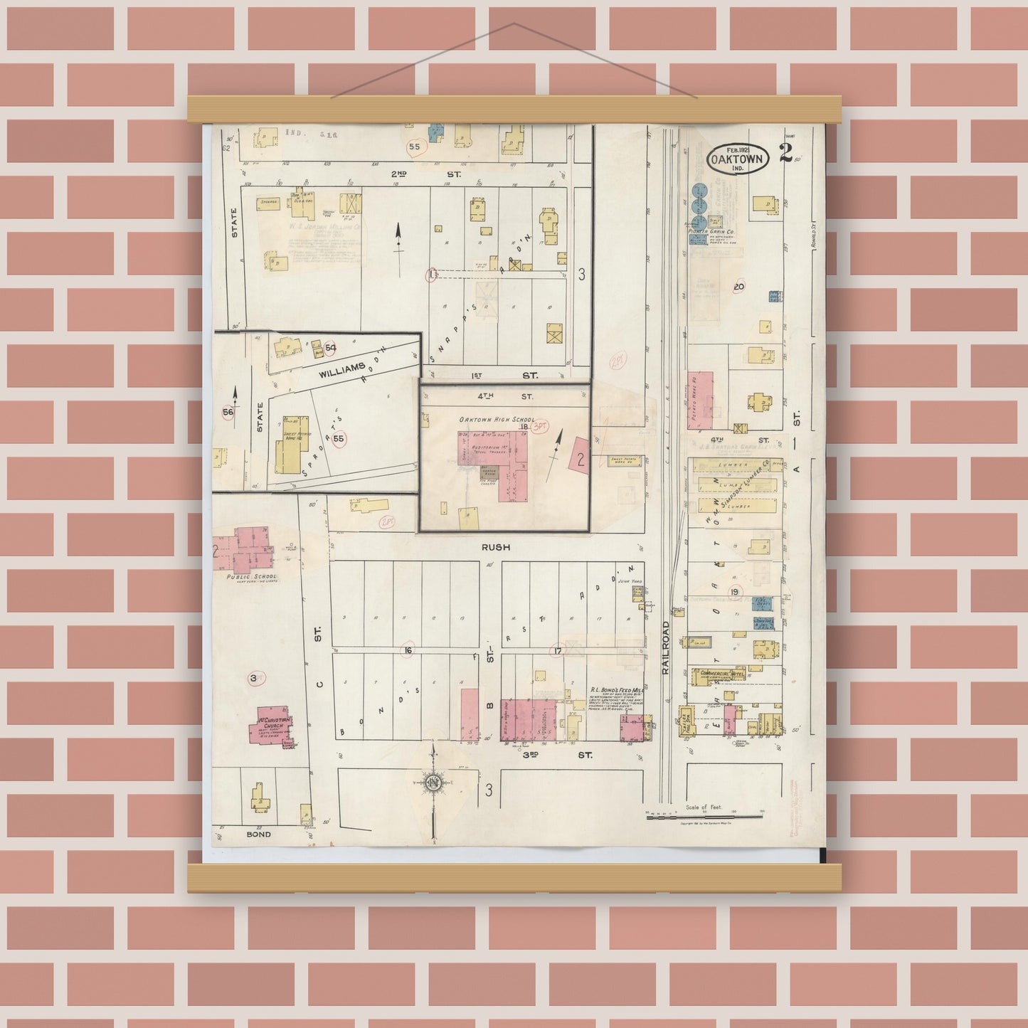 Old map wall art mockup — magnetic wood frame on brick wall — Sanborn Fire Insurance Map from Oaktown, Knox County, Indiana (1932), Sheet #0002