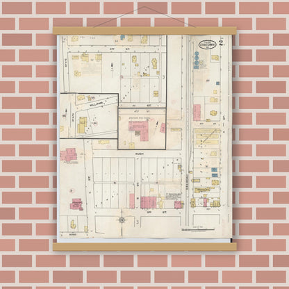 Old map wall art mockup — magnetic wood frame on brick wall — Sanborn Fire Insurance Map from Oaktown, Knox County, Indiana (1932), Sheet #0002