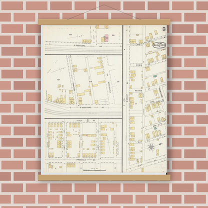 Old map wall art mockup — magnetic wood frame on brick wall — Sanborn Fire Insurance Map from Duquesne, Allegheny County, Pennsylvania (1896), Sheet #0005